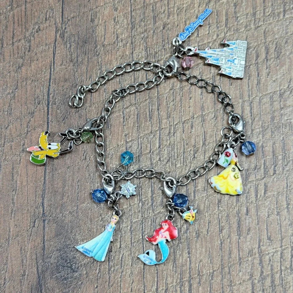 Disney Parks Charm Bracelet Princess Castle Elsa Ariel Belle Silver Tone Enamel